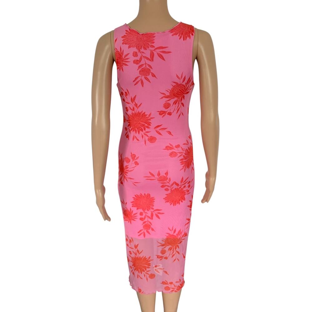 Y2K Style Floral Mesh Midi Dress Bodycon M Pink Boho Barbiecore Dopamine Stretch - Picture 7 of 7